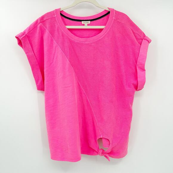 Anthropologie Pilcro Womens Barbiecore Tie Front Cuffed Short Sleeve Top XL Pink - Picture 1 of 6